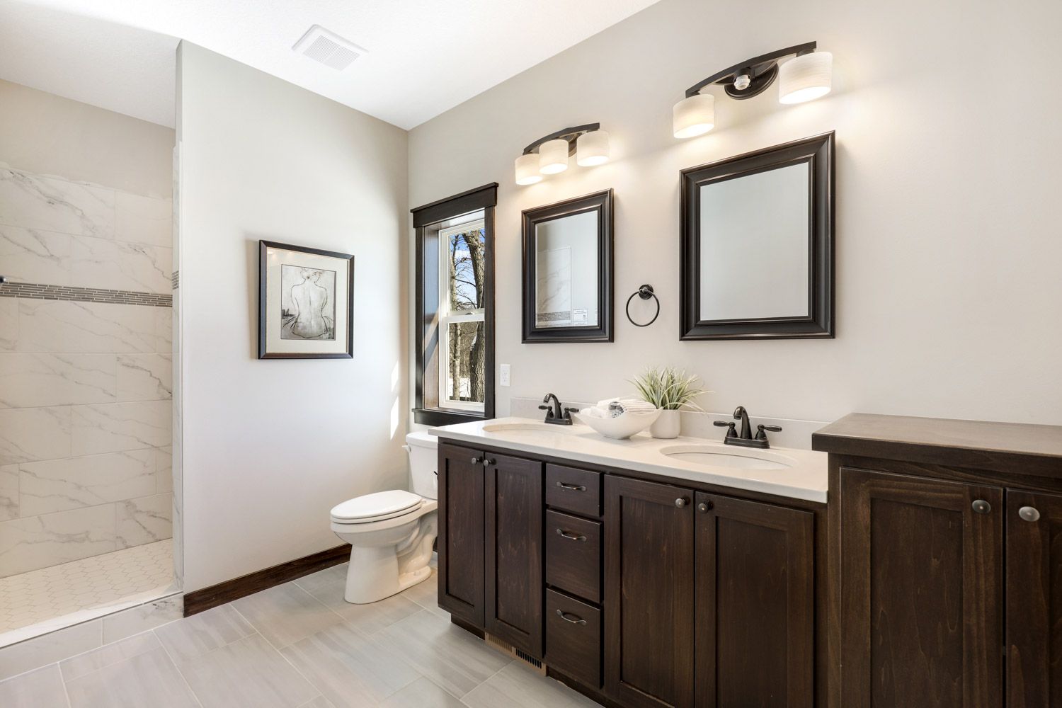 Dark-wood double vanity — Bathrooms