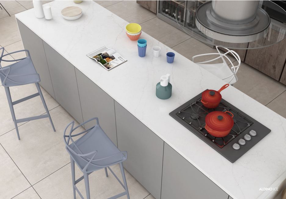 Aldino Ice quartz countertops installed in a home