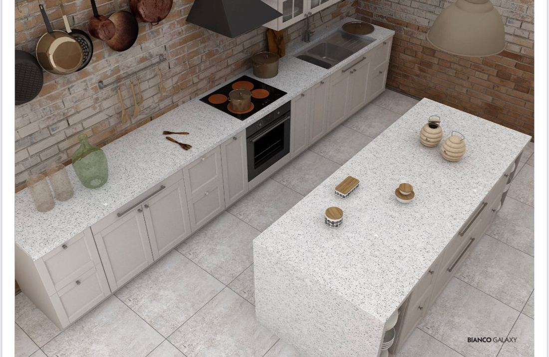 Bianco Galaxy quartz countertops installed in a home