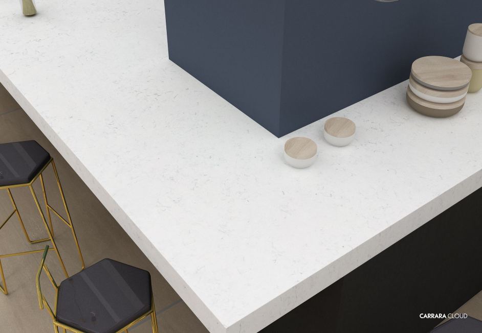 Carrara Cloud quartz countertops installed in a home