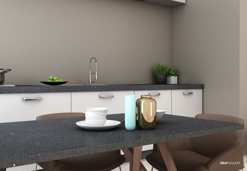 Gray Galaxy quartz countertops installed in a home