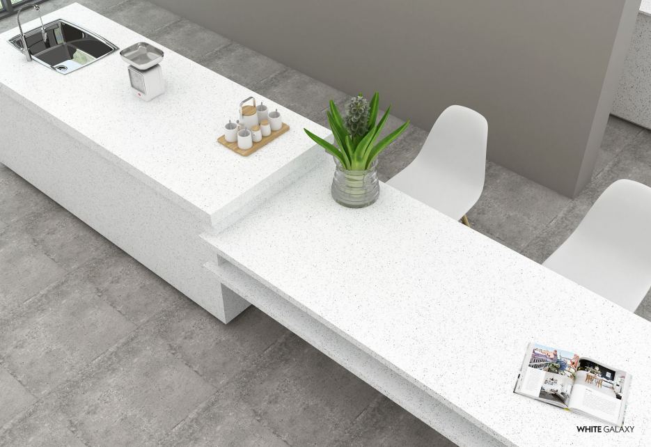 White Galaxy quartz countertops installed in a home