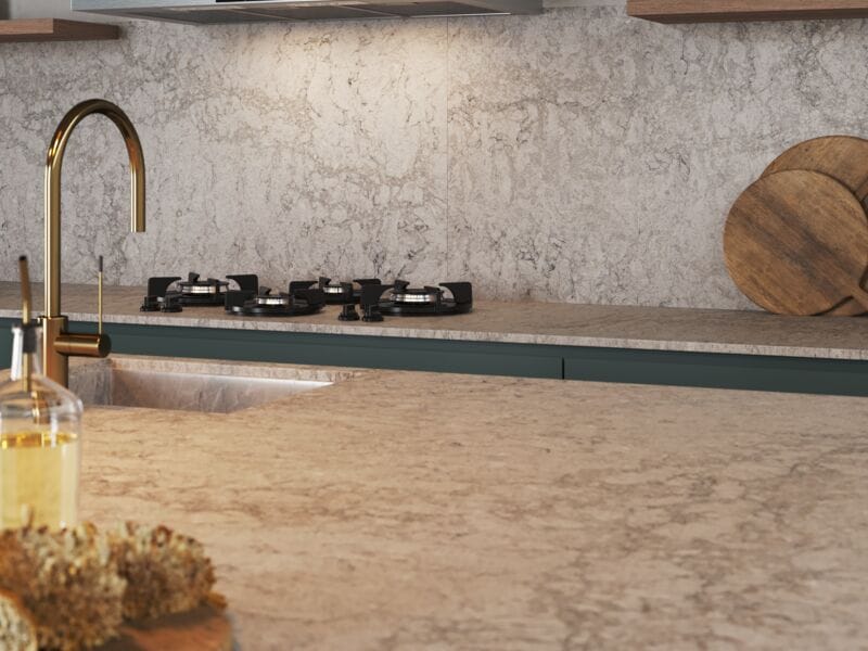 6046 Moorland Fog quartz countertops installed in a home