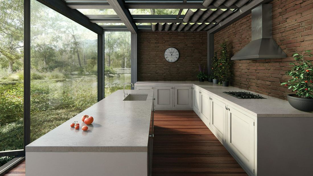 6131 Bianco Drift quartz countertops installed in a home