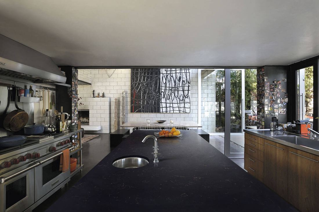 Black Goldstone quartz countertops installed in a home