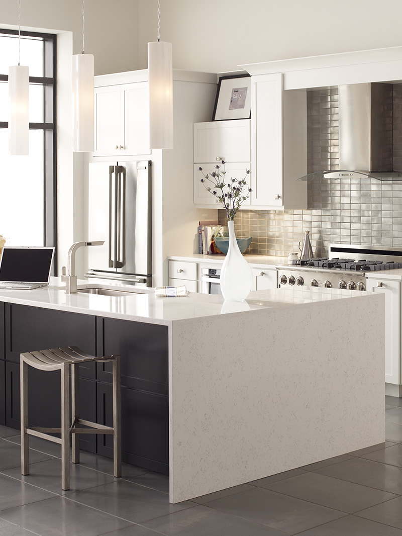 Coarse Carrara quartz countertops installed in a home
