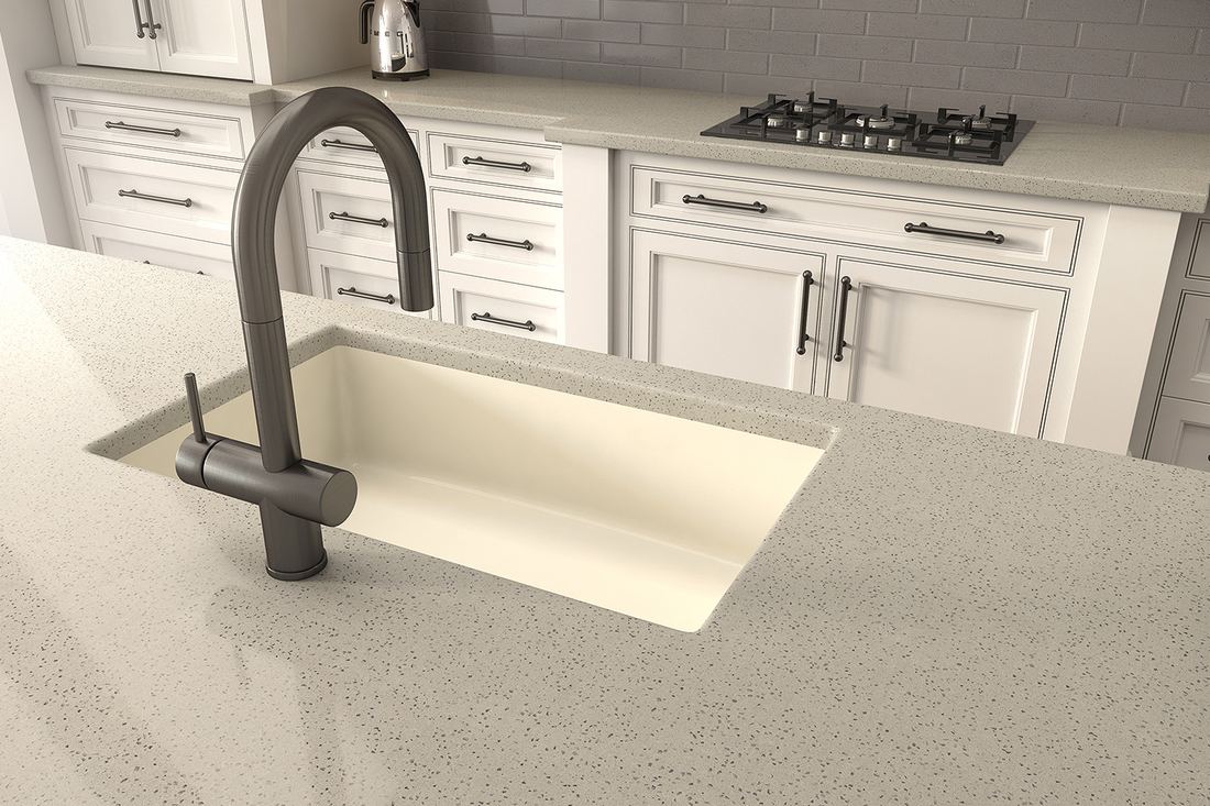 Hushed Gray quartz countertops installed in a home