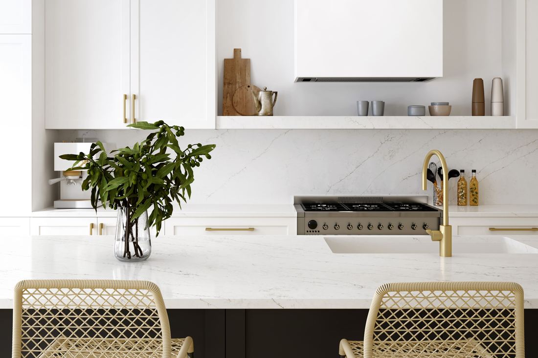 Calacatta Venato quartz countertops installed in a home