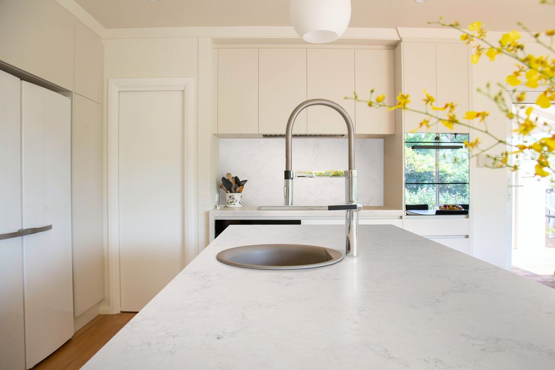 Paros quartz countertops installed in a home