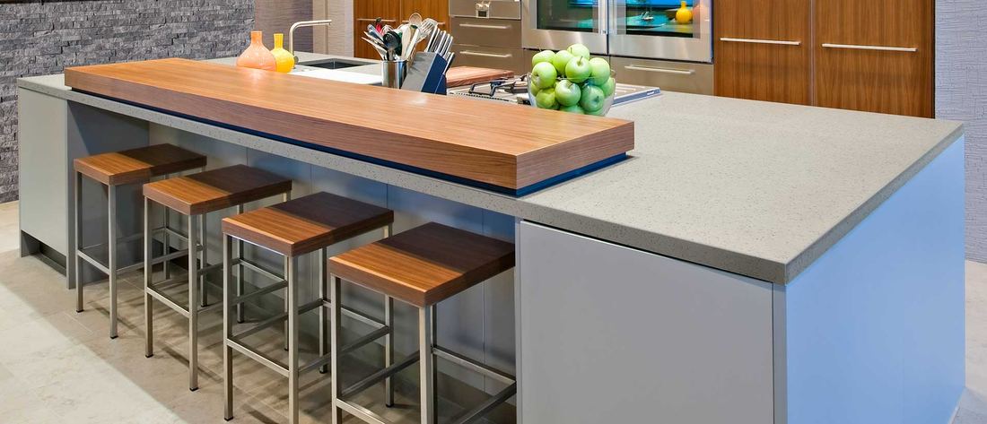 Bianco Pepper quartz countertops installed in a home