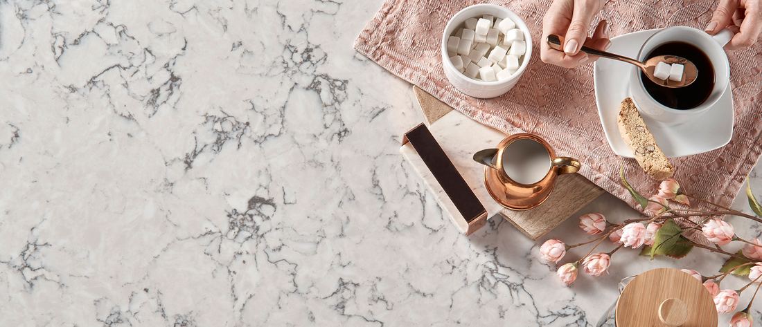 Blanca Arabescato quartz countertops installed in a home