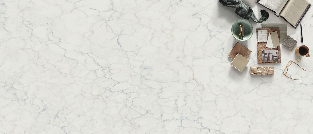 Calacatta Azulean quartz countertops installed in a home