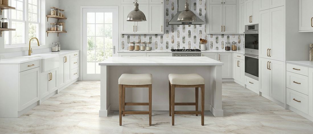 Calacatta Belaros quartz countertops installed in a home