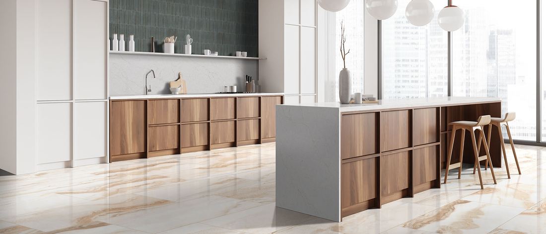 Calacatta Karmelo quartz countertops installed in a home