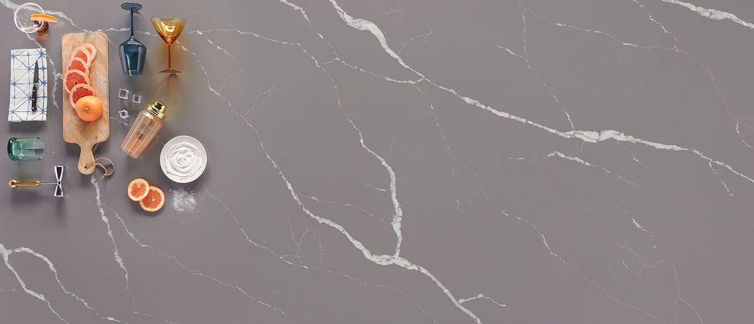 Calacatta Laza Grigio quartz countertops installed in a home