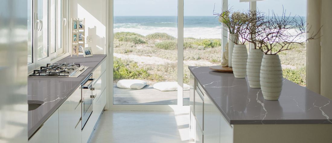 Calacatta Laza Grigio quartz countertops installed in a home