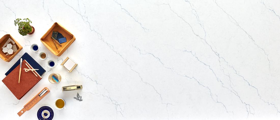 Calacatta Miraggio Cielo quartz countertops installed in a home