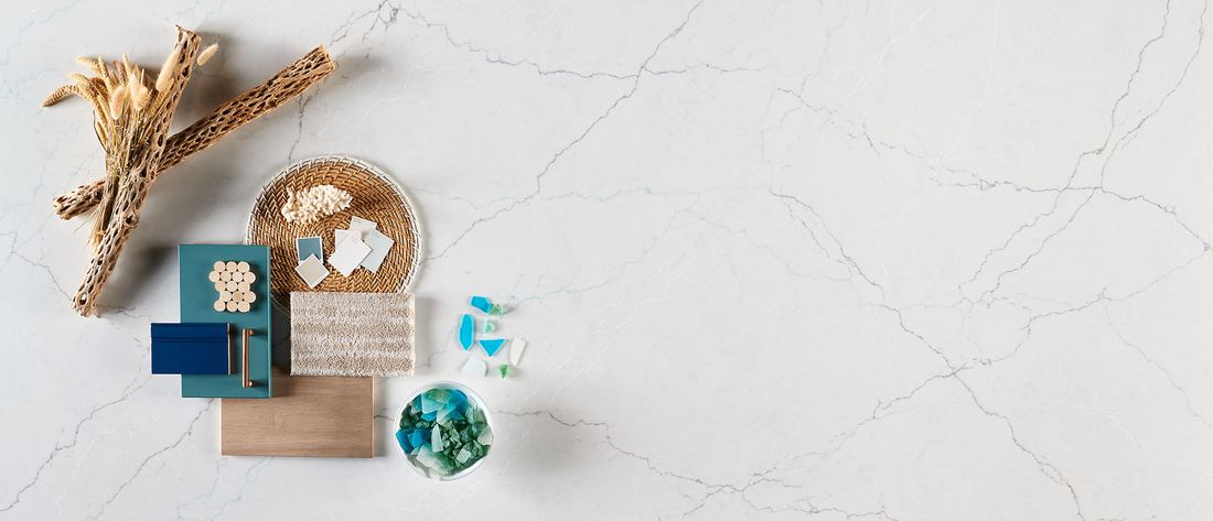 Calacatta Miraggio SeaGlass quartz countertops installed in a home