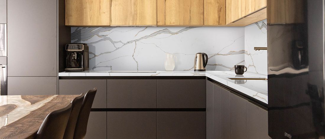 Calacatta Solessio quartz countertops installed in a home