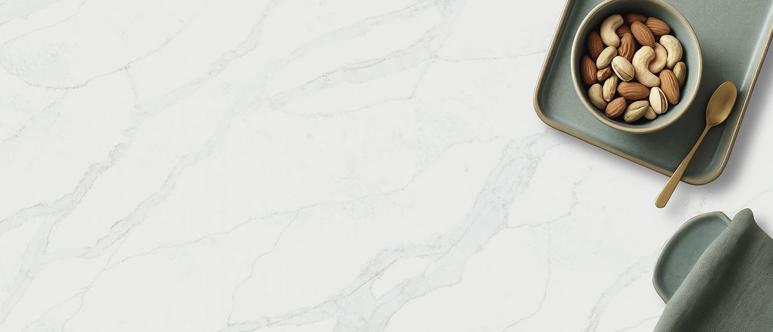 Calacatta Vernello quartz countertops installed in a home
