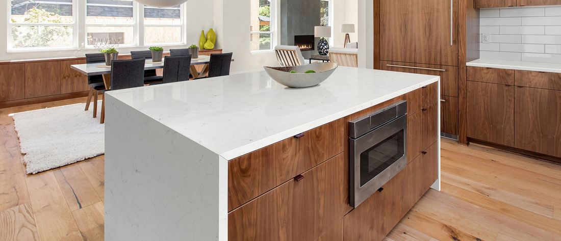 Carrara Delphi quartz countertops installed in a home