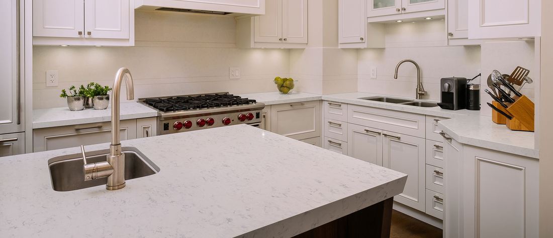 Carrara Lumos quartz countertops installed in a home