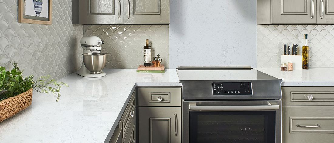 Fairy White quartz countertops installed in a home