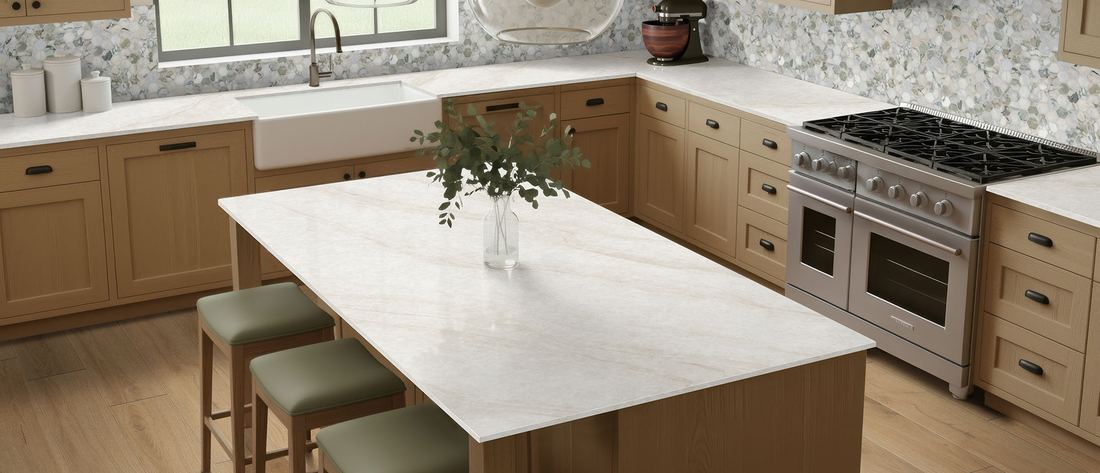 IvoriTaj Brushed quartz countertops installed in a home