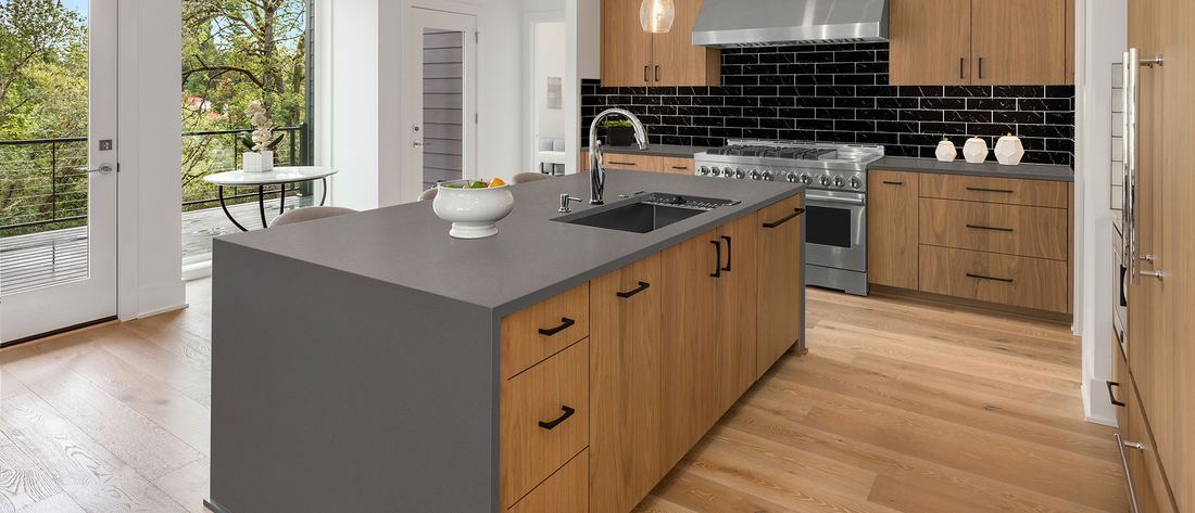 Macabo Gray quartz countertops installed in a home