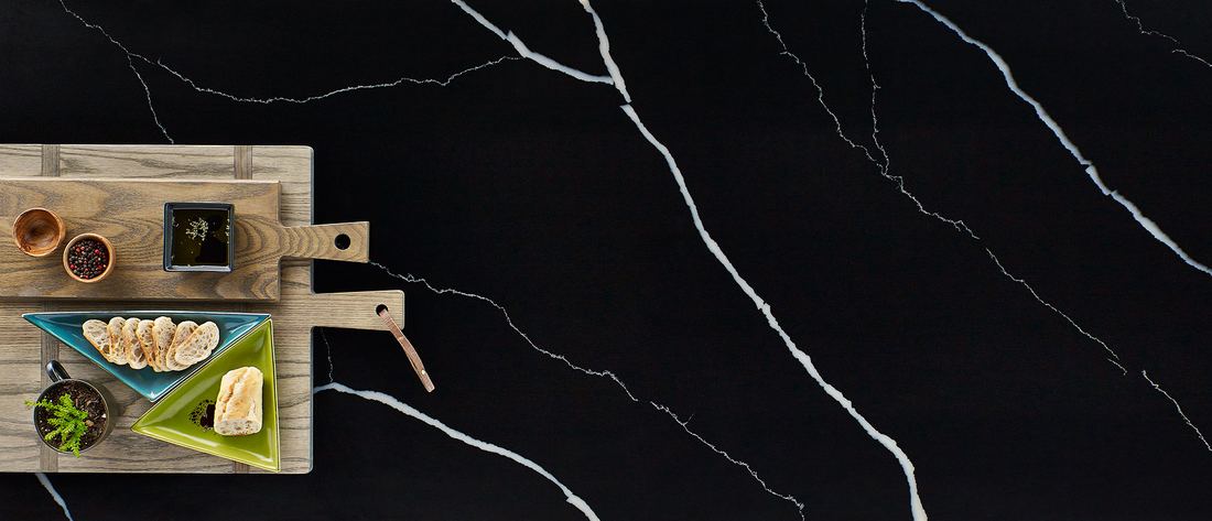 Marquina Midnight quartz countertops installed in a home