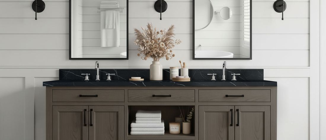 Marquina Midnight quartz countertops installed in a home