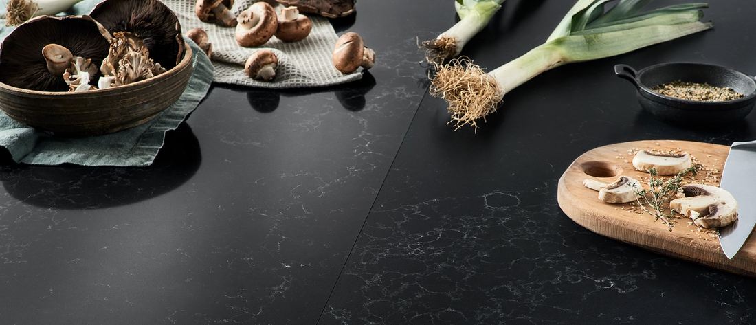 Midnight Corvo quartz countertops installed in a home