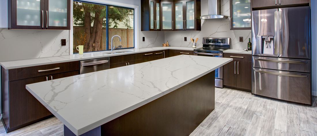 New Calacatta Laza quartz countertops installed in a home