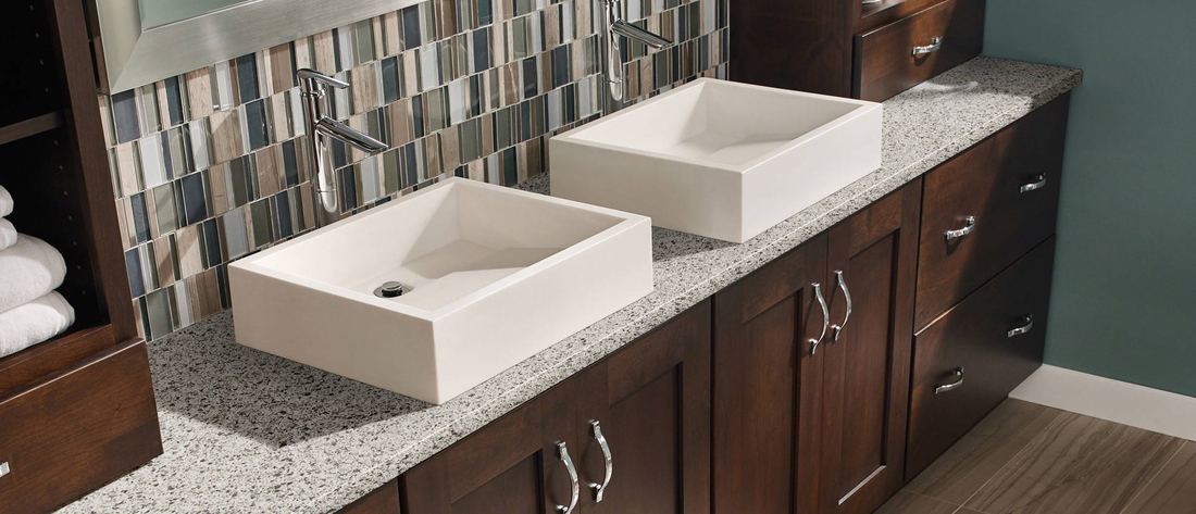 Peppercorn White quartz countertops installed in a home