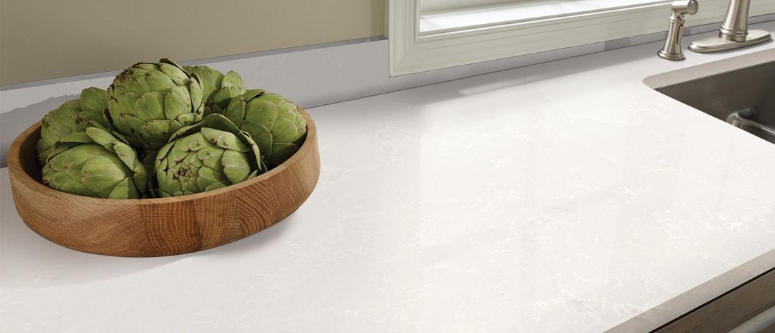 Perla White quartz countertops installed in a home