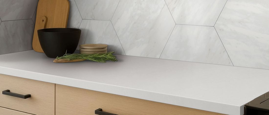 Perla White quartz countertops installed in a home