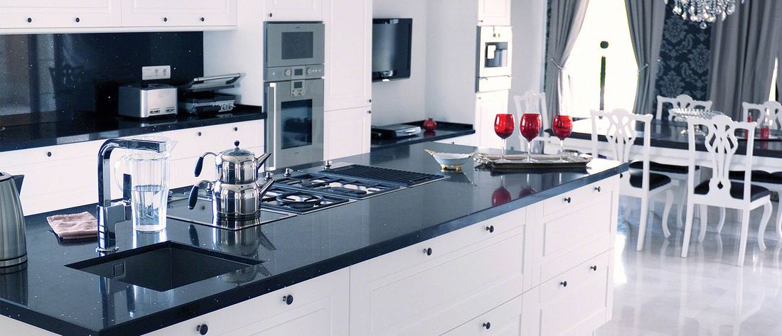Sparkling Black quartz countertops installed in a home