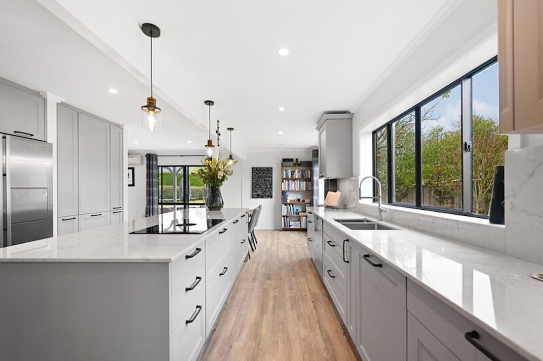 Eclectic Pearl quartz countertops installed in a home