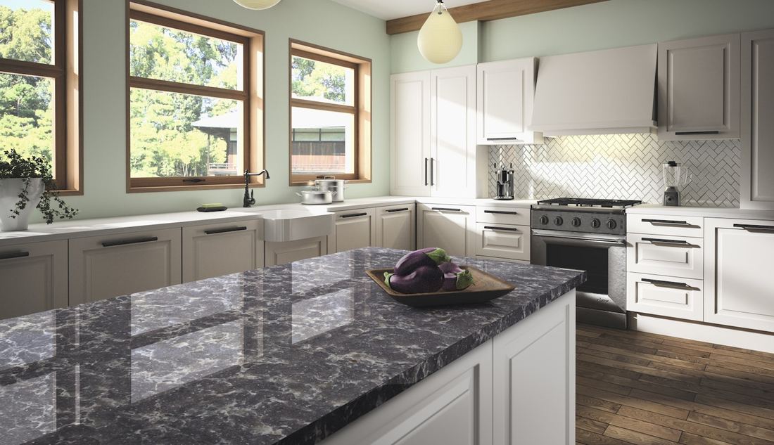 Ocean Storm quartz countertops installed in a home