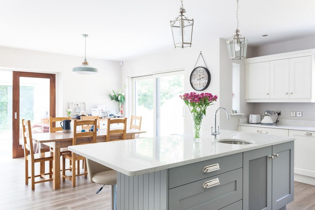 White Arabesque quartz countertops installed in a home