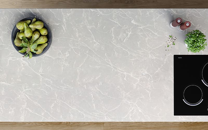 Bianco Glace quartz countertops installed in a home