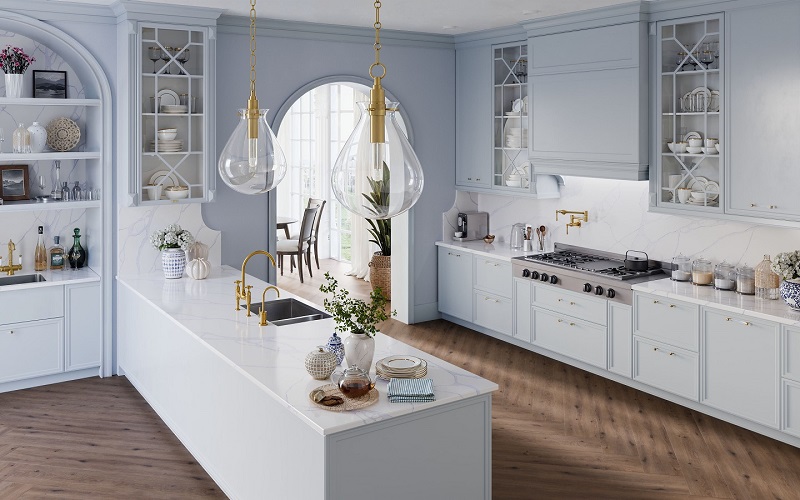 Calacatta Azulejo quartz countertops installed in a home