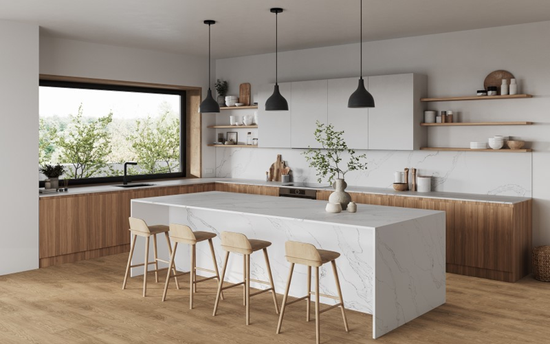 Calacatta Grande quartz countertops installed in a home