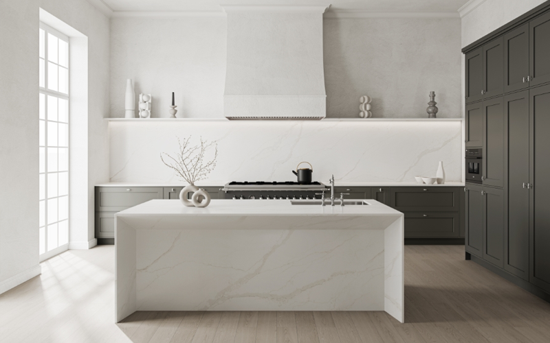 Calacatta Suprema Brushed quartz countertops installed in a home