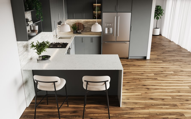 Carrara Trinita quartz countertops installed in a home