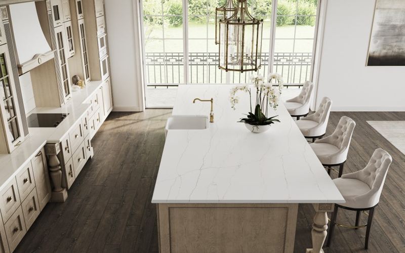 Macaubas Bianco quartz countertops installed in a home