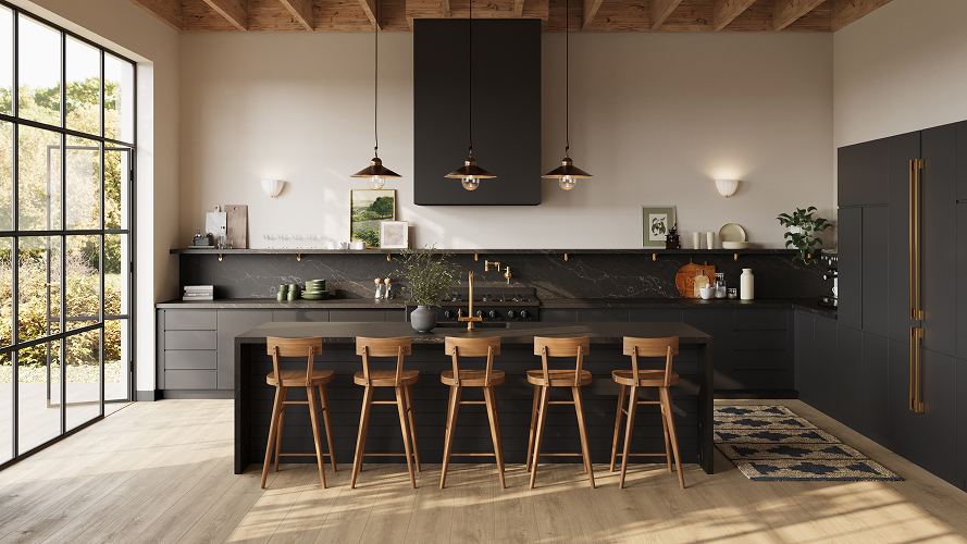 Midnight Ember Brushed quartz countertops installed in a home