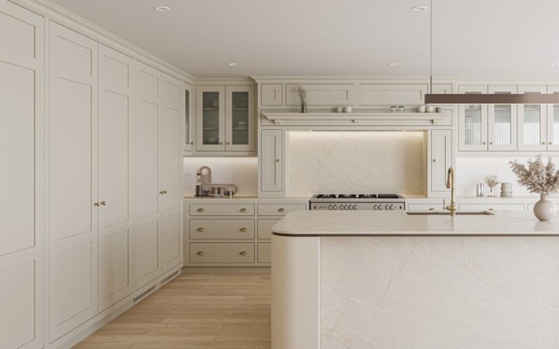 Taj Crema quartz countertops installed in a home