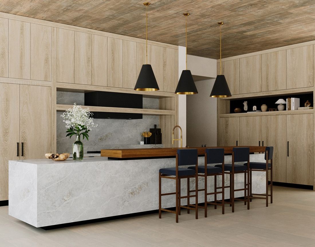 Adamello quartz countertops installed in a home