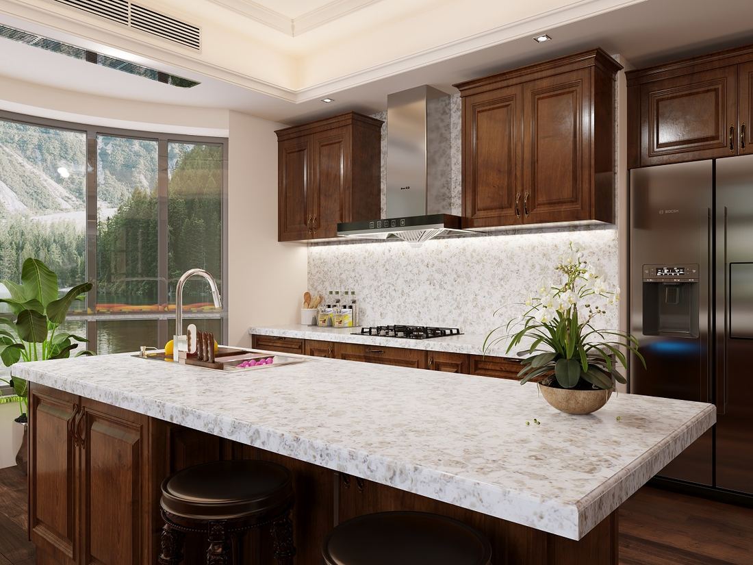 Alaska White quartz countertops installed in a home